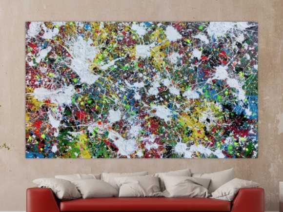 Buntes Abstraktes Acrylbild Action Painting viele Flecken auf Leinwand sehr modern