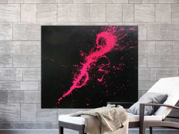 Abstraktes Acrylbild Minimalistisch sehr modern schwarz und pink Action Painting Splash Art