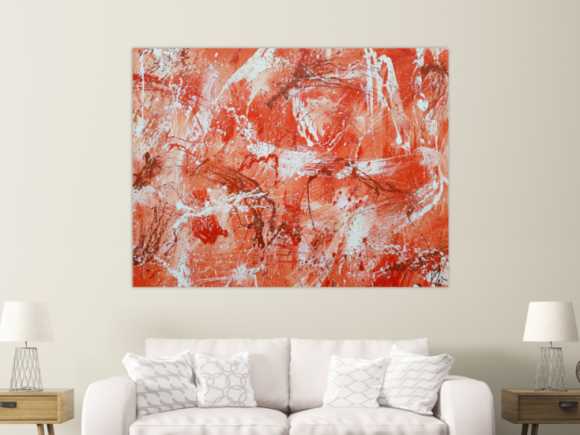 Abstraktes Acrylbild sehr modern mediterrane Farben in orange weiß Action Painting mordern Art