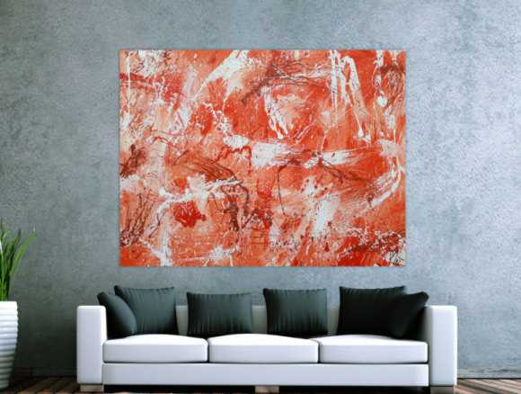 Abstraktes Acrylbild sehr modern mediterrane Farben in orange weiß Action Painting mordern Art