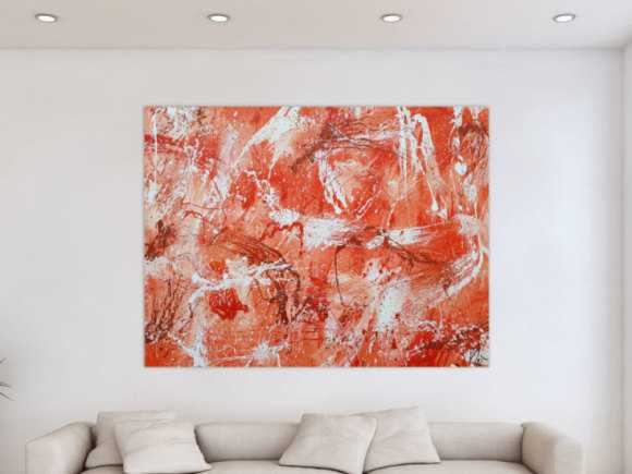 Abstraktes Acrylbild sehr modern mediterrane Farben in orange weiß Action Painting mordern Art