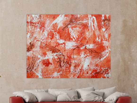 Abstraktes Acrylbild sehr modern mediterrane Farben in orange weiß Action Painting mordern Art