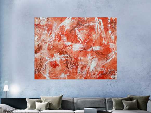 Abstraktes Acrylbild sehr modern mediterrane Farben in orange weiß Action Painting mordern Art