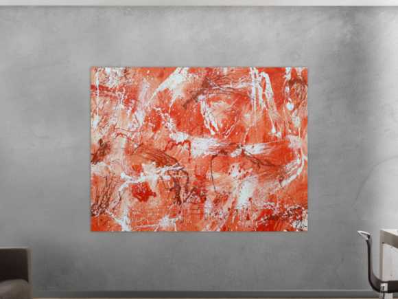 Abstraktes Acrylbild sehr modern mediterrane Farben in orange weiß Action Painting mordern Art