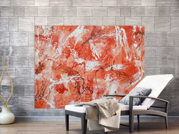 Abstraktes Acrylbild sehr modern mediterrane Farben in orange weiß Action Painting mordern Art