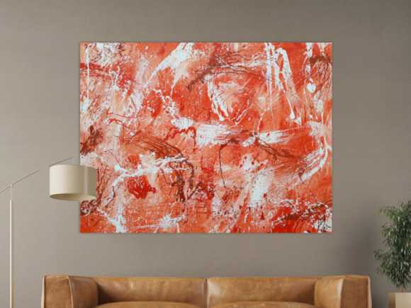 Abstraktes Acrylbild sehr modern mediterrane Farben in orange weiß Action Painting mordern Art