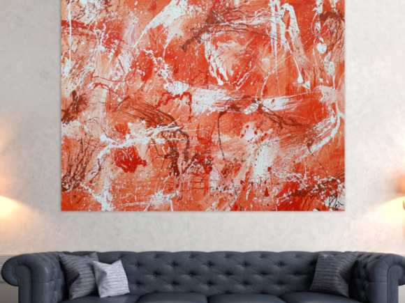 Abstraktes Acrylbild sehr modern mediterrane Farben in orange weiß Action Painting mordern Art