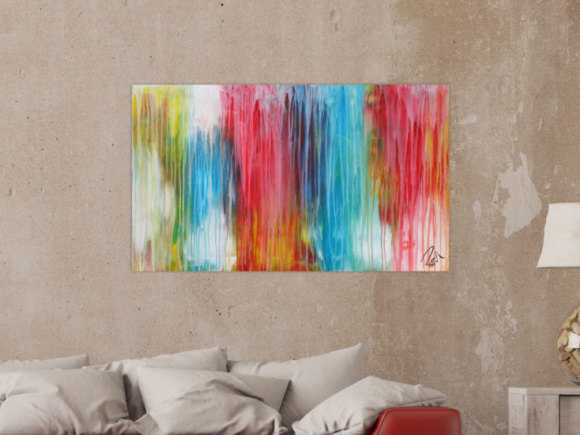 Abstraktes Acrylbild sehr bunt moderne Farben Fließende Farben Mischtechnik modern bunt zeitgenössisch