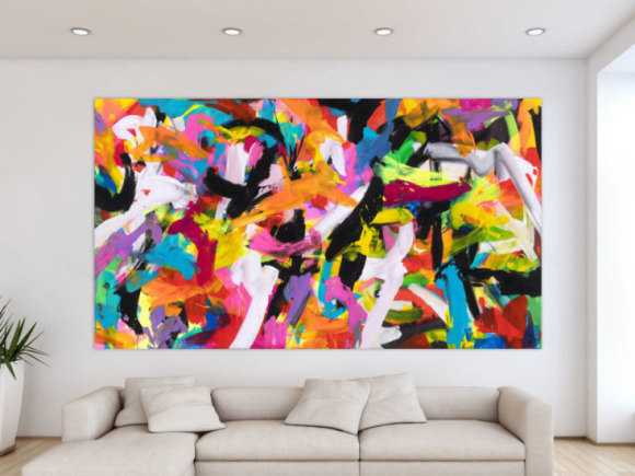 Abstraktes Original Gemälde 140x250cm Action Painting Moderne Kunst auf Leinwand Mischtechnik bunt pink schwarz hochwertig