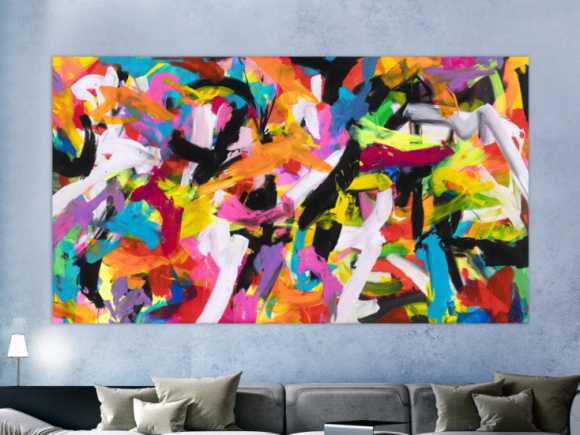 Abstraktes Original Gemälde 140x250cm Action Painting Moderne Kunst auf Leinwand Mischtechnik bunt pink schwarz hochwertig