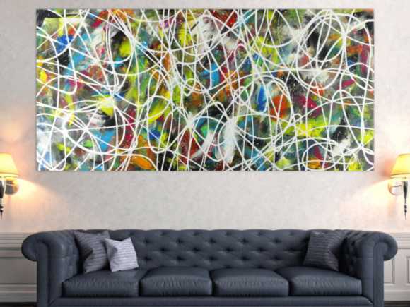 Abstraktes Acrylbild sehr bunt modern Action Painting mit weißen Streifen