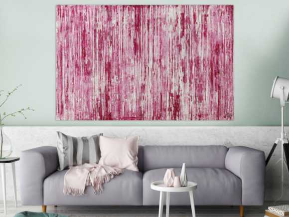 Abstraktes Acrylbild weiß und magenta Spachteltechnik auf Leinwand handgemalt in XXL