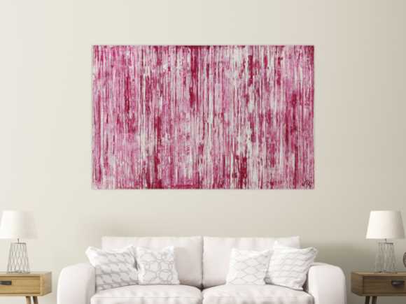 Abstraktes Acrylbild weiß und magenta Spachteltechnik auf Leinwand handgemalt in XXL