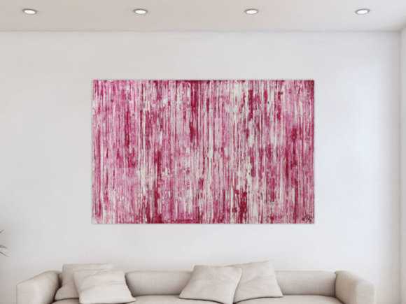 Abstraktes Acrylbild weiß und magenta Spachteltechnik auf Leinwand handgemalt in XXL