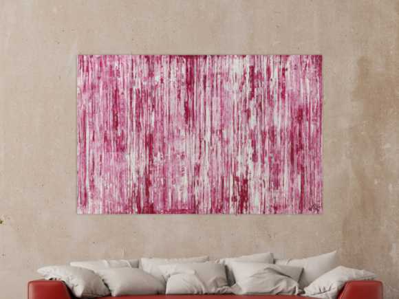 Abstraktes Acrylbild weiß und magenta Spachteltechnik auf Leinwand handgemalt in XXL