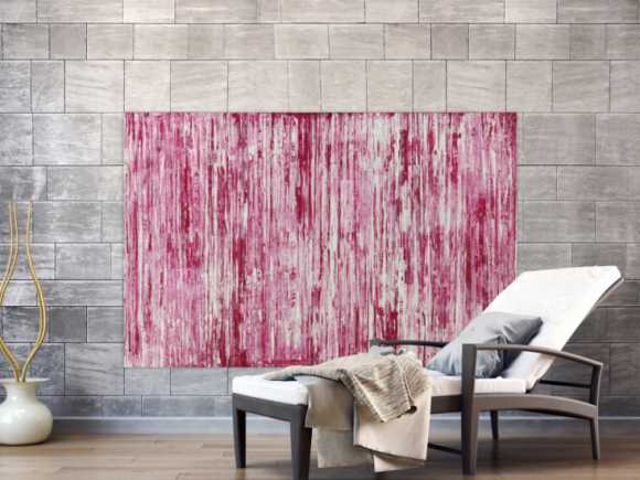 Abstraktes Acrylbild weiß und magenta Spachteltechnik auf Leinwand handgemalt in XXL