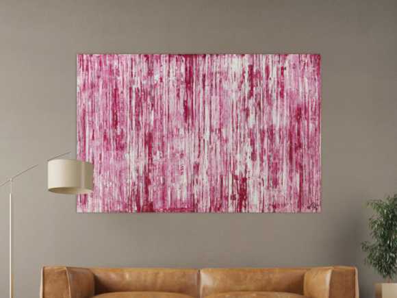 Abstraktes Acrylbild weiß und magenta Spachteltechnik auf Leinwand handgemalt in XXL