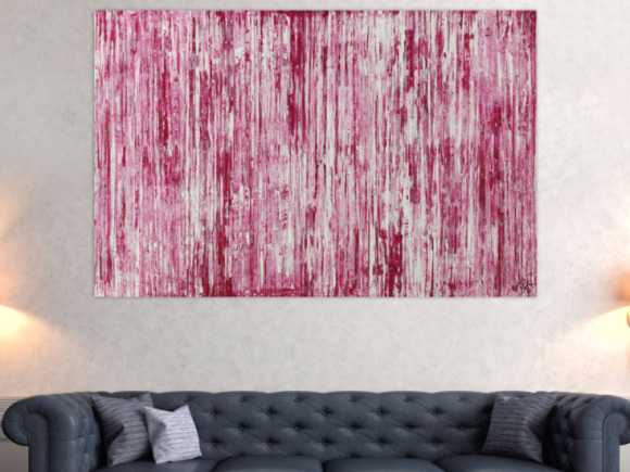 Abstraktes Acrylbild weiß und magenta Spachteltechnik auf Leinwand handgemalt in XXL