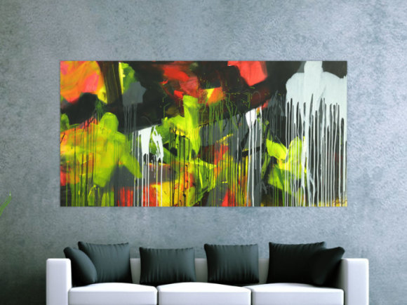 Gemälde Original abstrakt 100x200cm Action Painting expressionistisch auf Leinwand Mischtechnik schwarz weiß gelb hochwertig