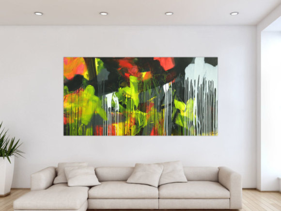 Gemälde Original abstrakt 100x200cm Action Painting expressionistisch auf Leinwand Mischtechnik schwarz weiß gelb hochwertig