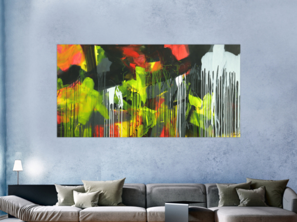 Gemälde Original abstrakt 100x200cm Action Painting expressionistisch auf Leinwand Mischtechnik schwarz weiß gelb hochwertig