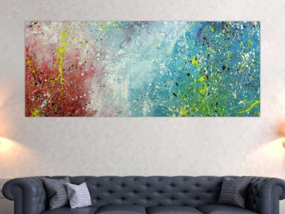 Original Gemälde abstrakt 80x200cm Action Painting Moderne Kunst handgefertigt Mischtechnik blau rot weiss einzigartig