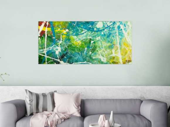 Original Gemälde abstrakt 60x130cm Action Painting expressionistisch auf Leinwand  grün türkis weiß hochwertig