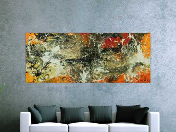 Original Gemälde abstrakt 80x200cm Action Painting Modern Art auf Leinwand Mischtechnik beige braun schwarz Unikat