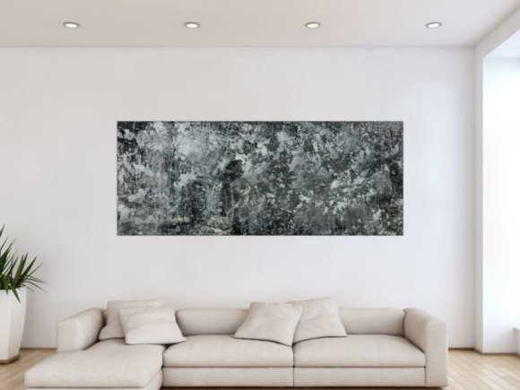 Gemälde Original abstrakt 80x200cm Minimalistisch Modern Art auf Leinwand Action Painting anthrazit schwarz grau hochwertig