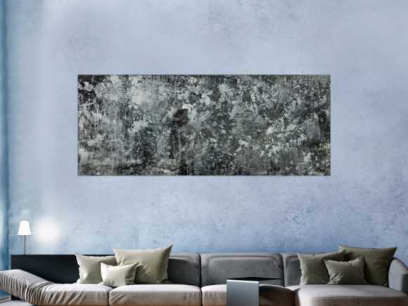 Gemälde Original abstrakt 80x200cm Minimalistisch Modern Art auf Leinwand Action Painting anthrazit schwarz grau hochwertig