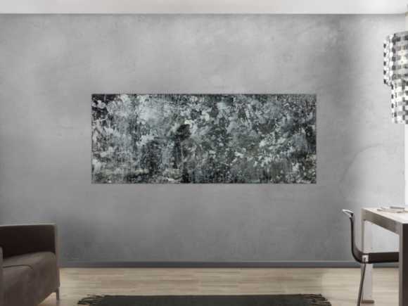 Gemälde Original abstrakt 80x200cm Minimalistisch Modern Art auf Leinwand Action Painting anthrazit schwarz grau hochwertig