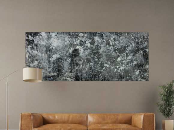 Gemälde Original abstrakt 80x200cm Minimalistisch Modern Art auf Leinwand Action Painting anthrazit schwarz grau hochwertig