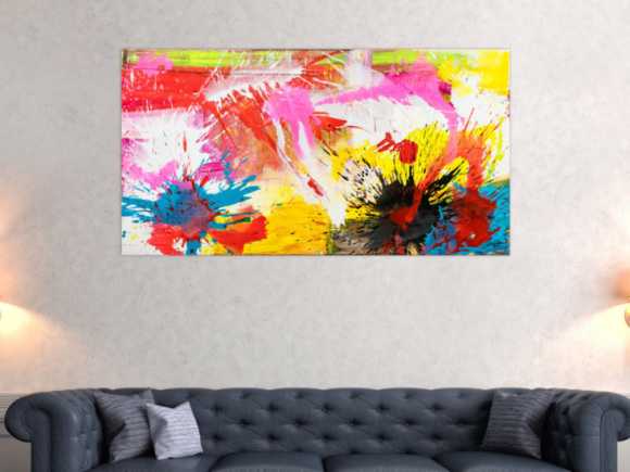 Abstraktes Original Gemälde 80x150cm Action Painting Modern Art handgemalt Splash Art weiß gelb pink hochwertig