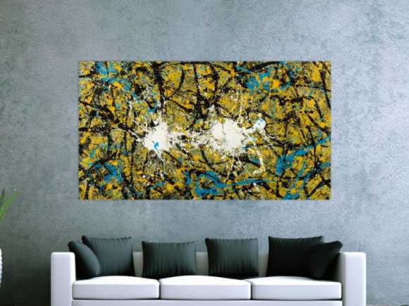 Abstraktes Original Gemälde 100x180cm Action Painting expressionistisch handgefertigt Mischtechnik schwarz gold türkis Unikat