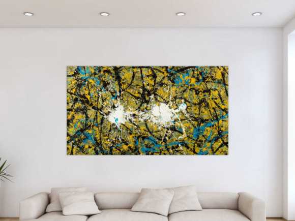 Abstraktes Original Gemälde 100x180cm Action Painting expressionistisch handgefertigt Mischtechnik schwarz gold türkis Unikat