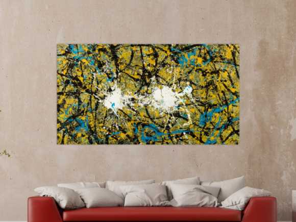 Abstraktes Original Gemälde 100x180cm Action Painting expressionistisch handgefertigt Mischtechnik schwarz gold türkis Unikat