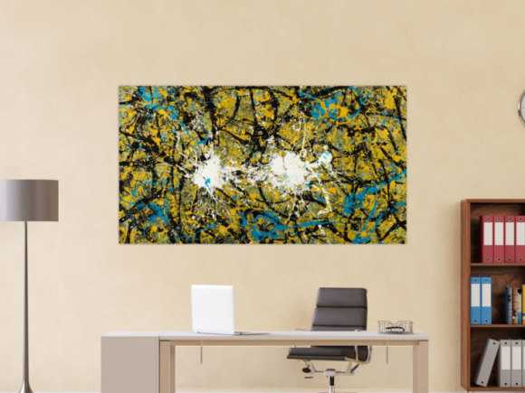 Abstraktes Original Gemälde 100x180cm Action Painting expressionistisch handgefertigt Mischtechnik schwarz gold türkis Unikat