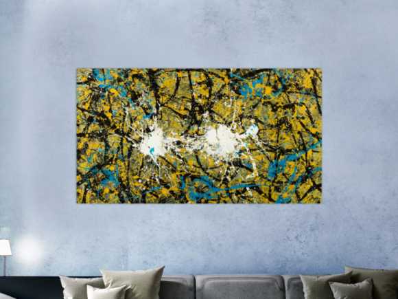 Abstraktes Original Gemälde 100x180cm Action Painting expressionistisch handgefertigt Mischtechnik schwarz gold türkis Unikat