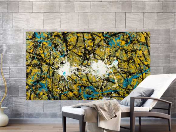 Abstraktes Original Gemälde 100x180cm Action Painting expressionistisch handgefertigt Mischtechnik schwarz gold türkis Unikat