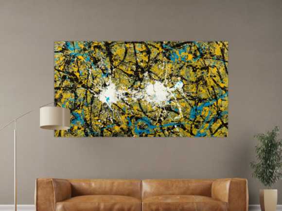 Abstraktes Original Gemälde 100x180cm Action Painting expressionistisch handgefertigt Mischtechnik schwarz gold türkis Unikat