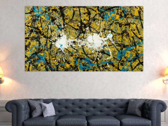 Abstraktes Original Gemälde 100x180cm Action Painting expressionistisch handgefertigt Mischtechnik schwarz gold türkis Unikat