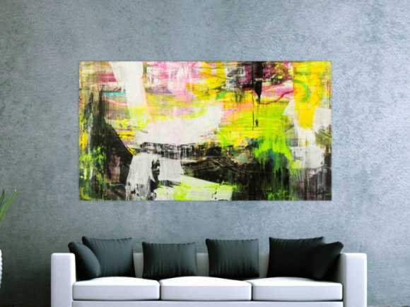 Original Gemälde abstrakt 100x180cm Mischtechnik Modern Art handgefertigt Mischtechnik schwarz gelb weiß NEON