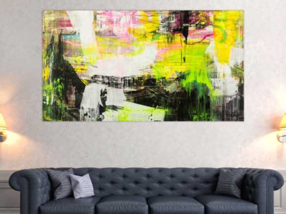 Original Gemälde abstrakt 100x180cm Mischtechnik Modern Art handgefertigt Mischtechnik schwarz gelb weiß NEON