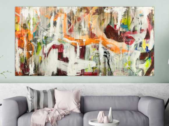 Original Gemälde abstrakt 100x200cm Action Painting expressionistisch handgefertigt Mischtechnik weiß beige orange Unikat