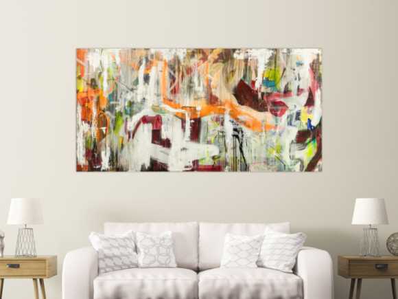 Original Gemälde abstrakt 100x200cm Action Painting expressionistisch handgefertigt Mischtechnik weiß beige orange Unikat