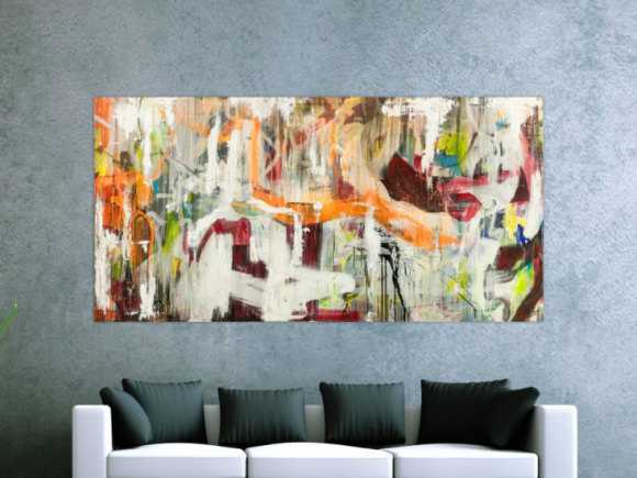 Original Gemälde abstrakt 100x200cm Action Painting expressionistisch handgefertigt Mischtechnik weiß beige orange Unikat