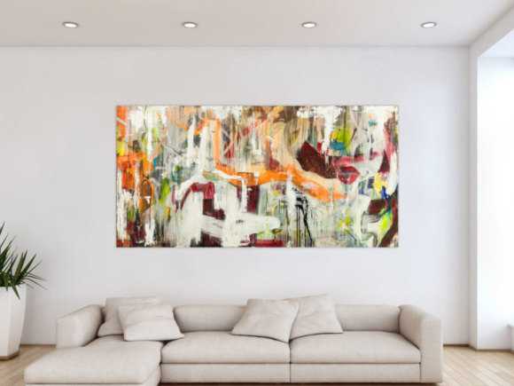 Original Gemälde abstrakt 100x200cm Action Painting expressionistisch handgefertigt Mischtechnik weiß beige orange Unikat