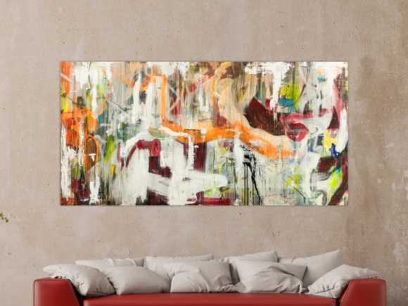 Original Gemälde abstrakt 100x200cm Action Painting expressionistisch handgefertigt Mischtechnik weiß beige orange Unikat