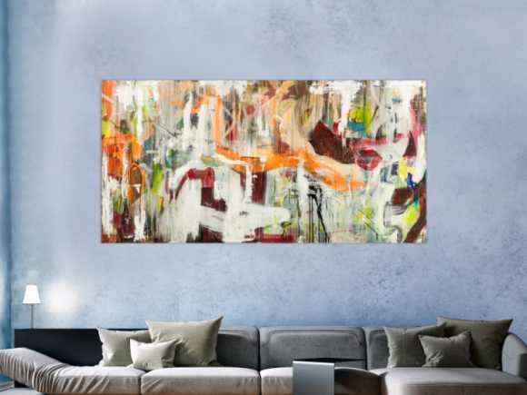 Original Gemälde abstrakt 100x200cm Action Painting expressionistisch handgefertigt Mischtechnik weiß beige orange Unikat