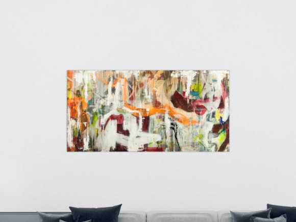 Original Gemälde abstrakt 100x200cm Action Painting expressionistisch handgefertigt Mischtechnik weiß beige orange Unikat